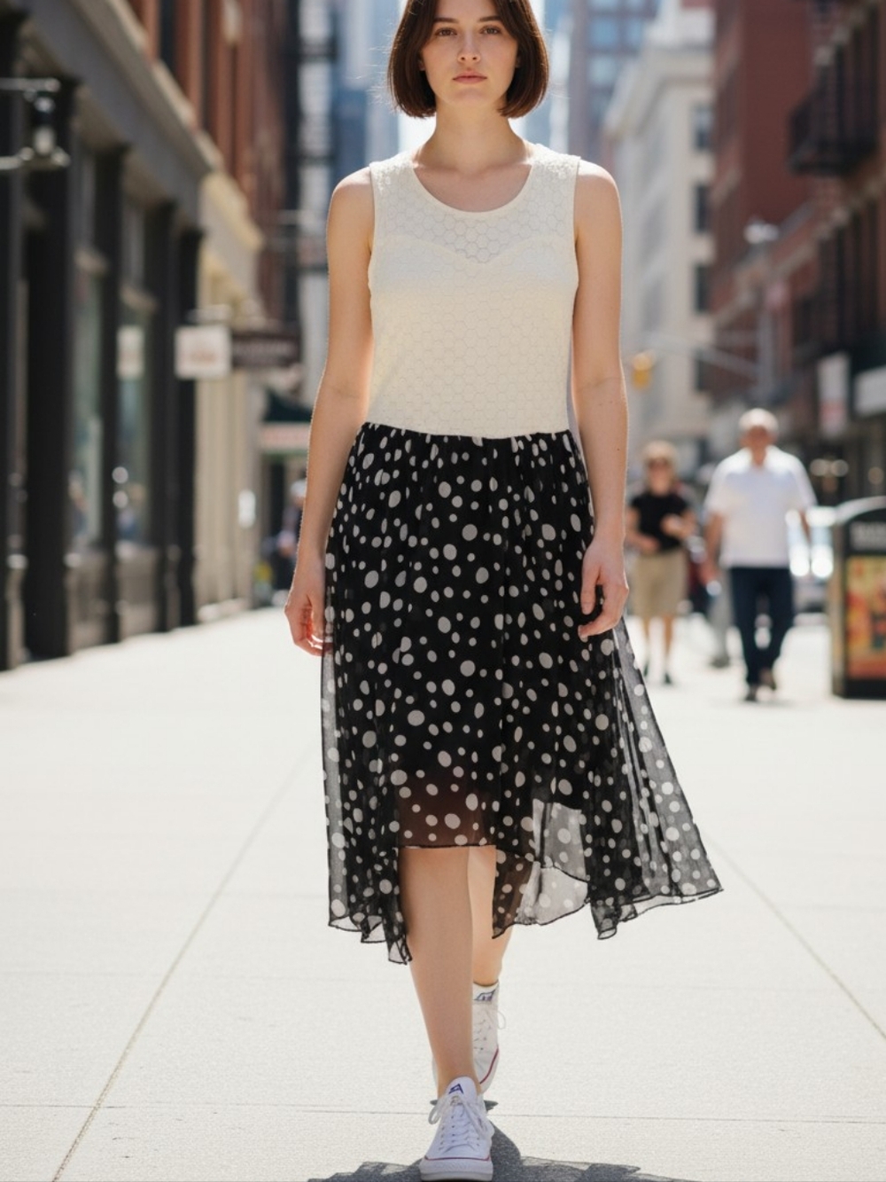 Cream Sleeveless Top with Black Polka Dot Skirt Dress Juniors Dress!!